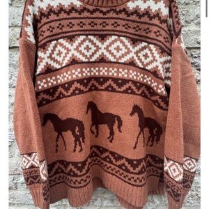 Very J Brown and Cream Horse Pattern Sweater